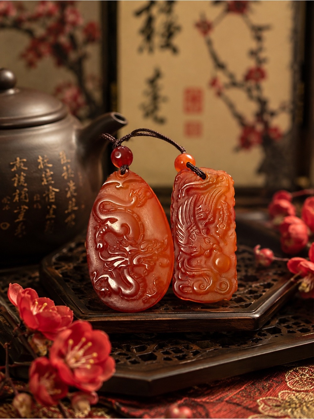 Carved Carnelian Agate Dragon & Phoenix Pendant Pair 🐉🐦‍🔥 Vintage Asian Jewelry